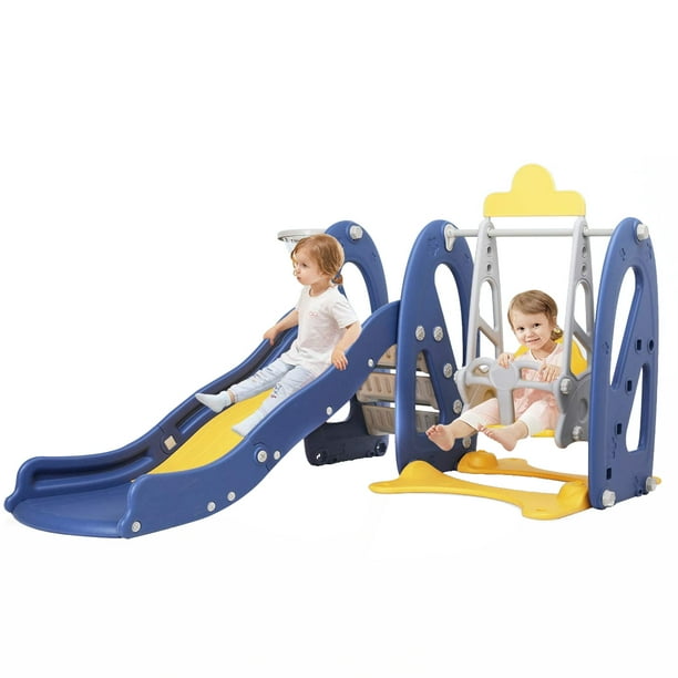 Blue Playground center Toddler Mountaineering Toy with Basketball Hoop for Indoor//Outdoor 4 in1 Children Climbing Frame Playset with Music Player Garden Backyard Slide /& Swing Set for Kids